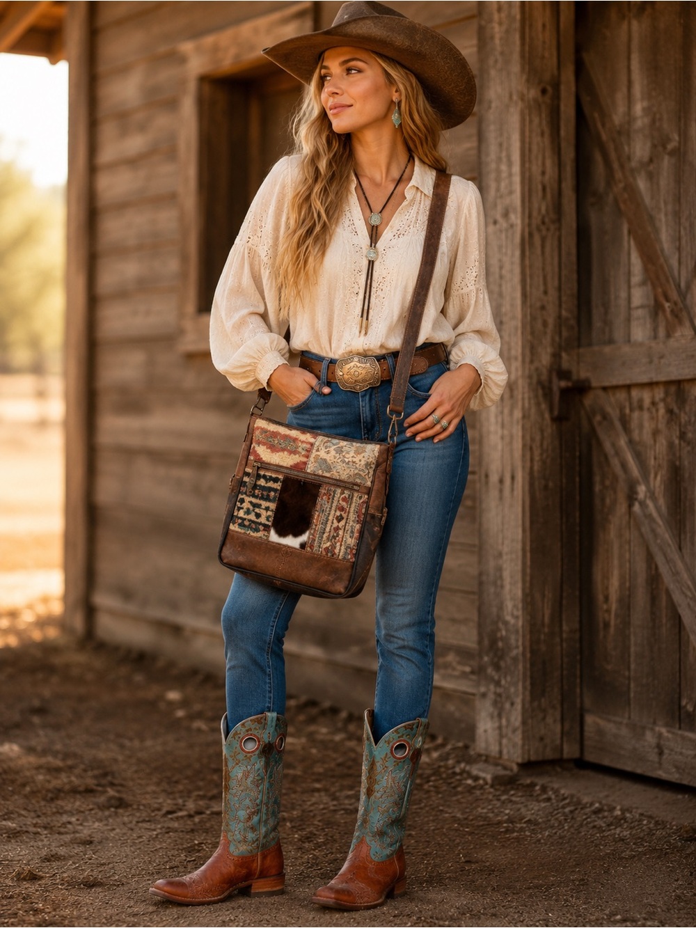 Myra Patchwork Leather Cowhide Canvas Fur Crossbody *boots sold separately